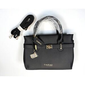 bebe Evie Crossbody Bag Satchel Faux Leather Handbag Purse NWT Black Gold Hw
